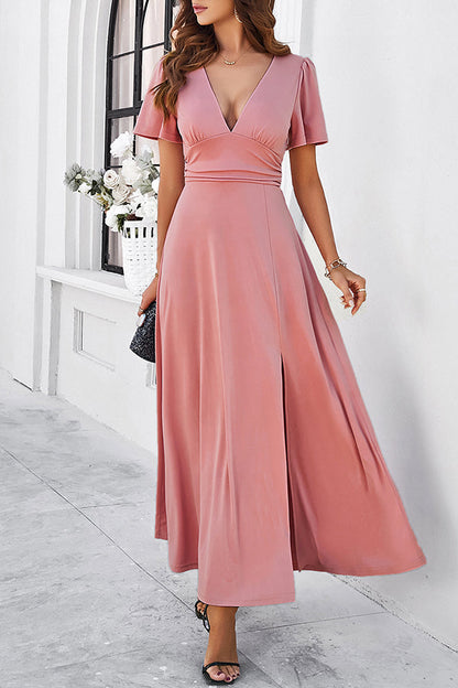 Deep V-Neck Flutter Sleeve Ruched Waistband High Slit Maxi Dress