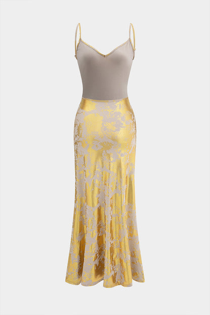 Metallic V-Neck Backless Slip Sleeveless Maxi Dress