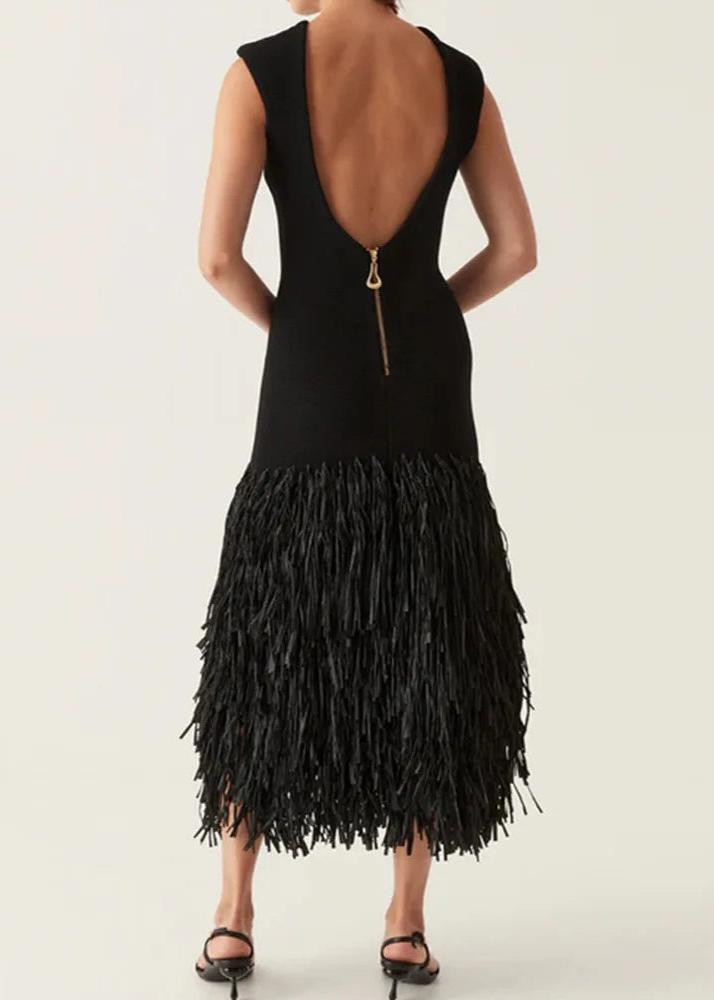 Crew Neck Structured Shoulder Tiered Fringe Hem Bodycon Midi Dress