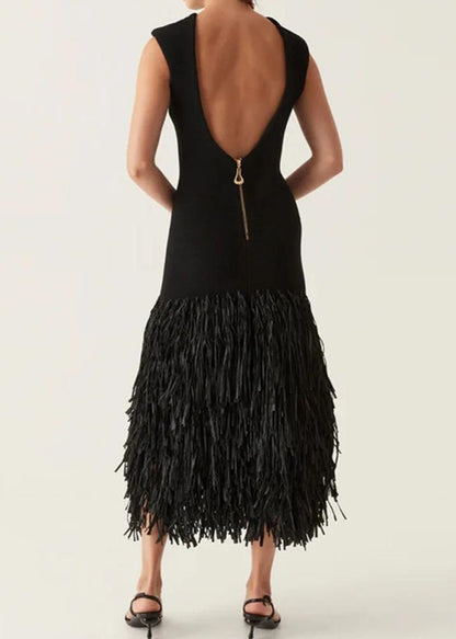 Crew Neck Structured Shoulder Tiered Fringe Hem Bodycon Midi Dress