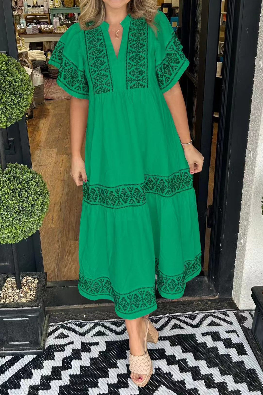Mandarin Collar Flutter Sleeve Embroidered Trim Tiered Boho Midi Dress