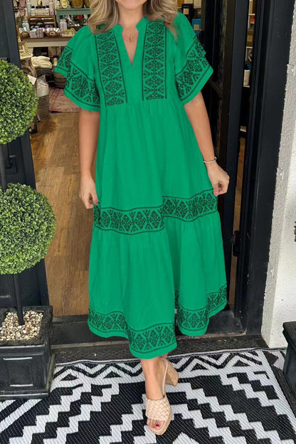 Mandarin Collar Flutter Sleeve Embroidered Trim Tiered Boho Midi Dress
