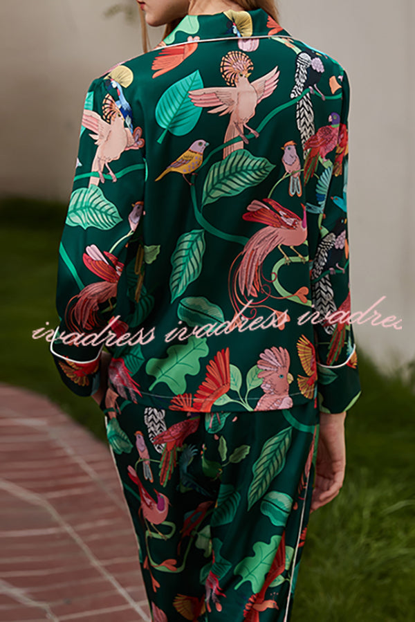 Green Parrot Print Home Long Sleeved Two-piece Set