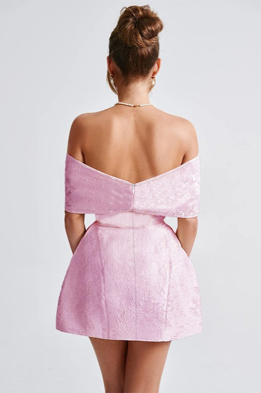 Jacquard Floral Oversized Bow Off-the-Shoulder Fit and Flare Mini Dress