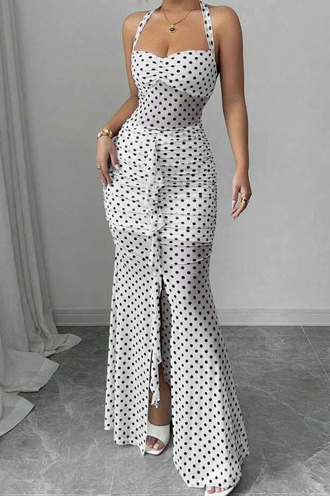 Polka Dot Print Halter Sweetheart Ruched Cascading Ruffle Bodycon Midi Dress