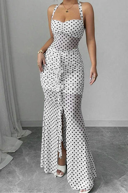 Polka Dot Print Halter Sweetheart Ruched Cascading Ruffle Bodycon Midi Dress
