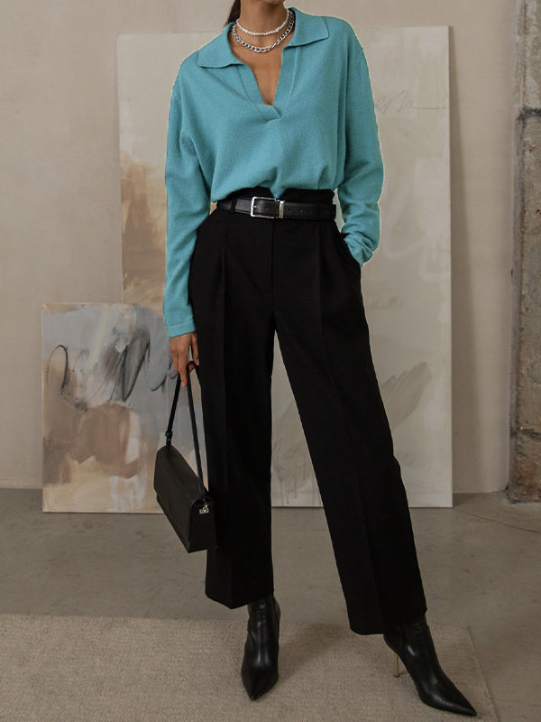 Solid Lapel Neck Knit Sweater
