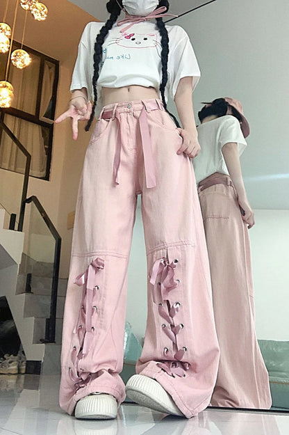 Pink Bow Tie Wide Leg Cargo Jeans