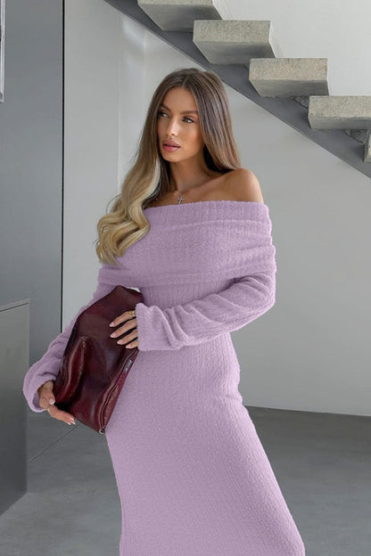 | Knitted Off-the-Shoulder Fitted Waist Maxi Dress