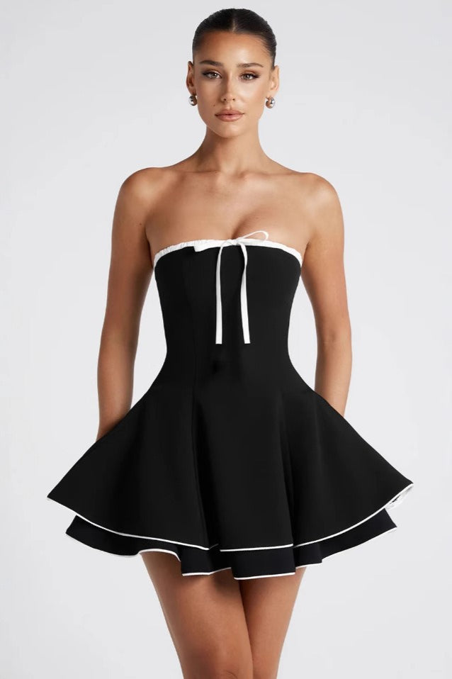 Contrast Trim Strapless Bow Detail Tiered Skater Mini Dress