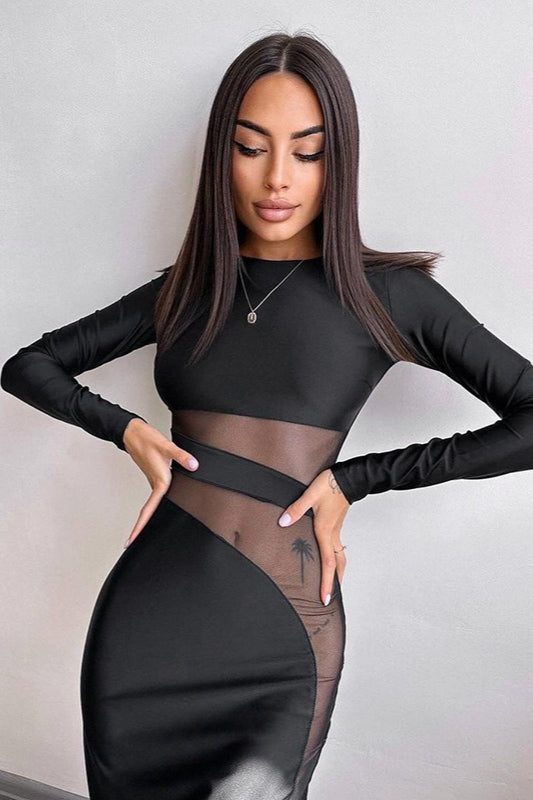 Crew Neck Mesh Panel Side Cutout Long Sleeve Bodycon Midi Dress
