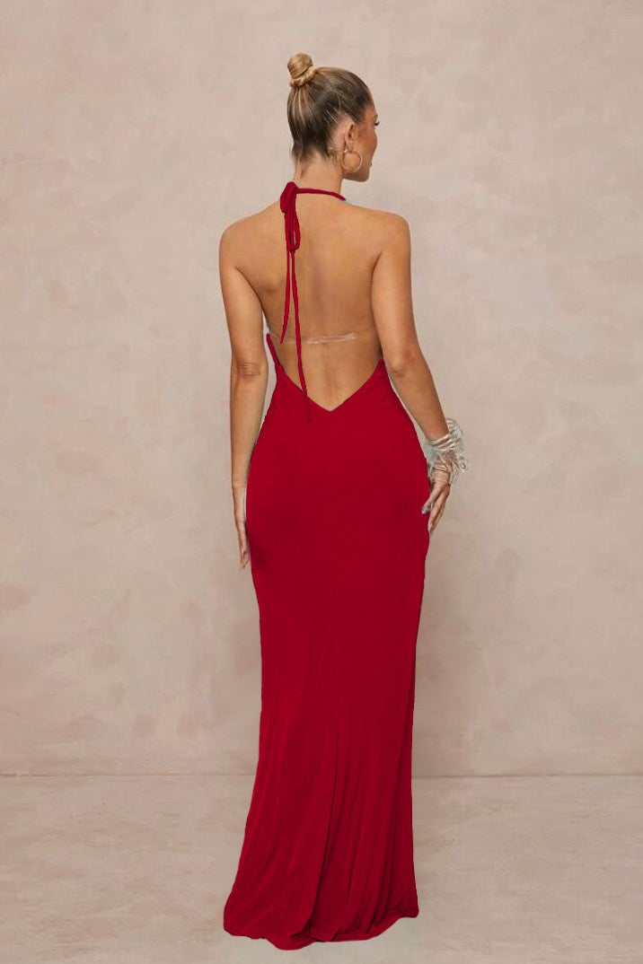 | Deep V Halter Ruched Backless Maxi Dress