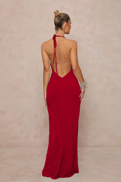 | Deep V Halter Ruched Backless Maxi Dress