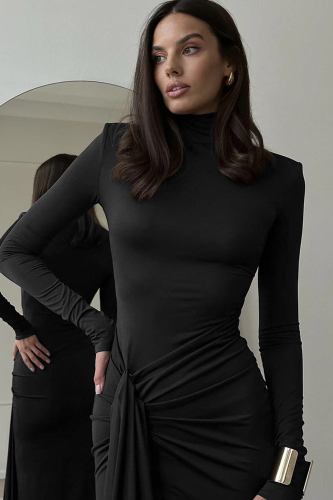 Mock Neck Long Sleeve Ruched Tie Waist High Slit Bodycon Maxi Dress