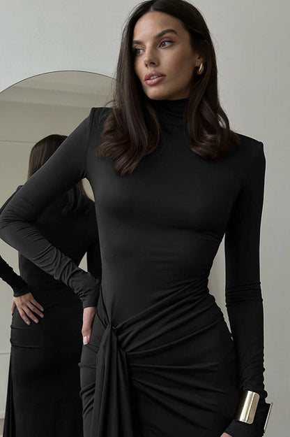 Mock Neck Long Sleeve Ruched Tie Waist High Slit Bodycon Maxi Dress