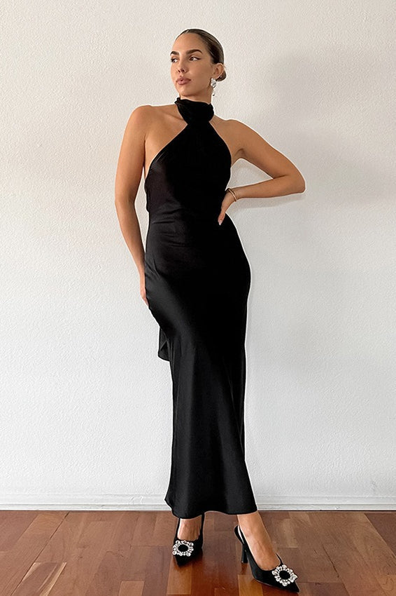 Halter Neck Ruched Collar Satin Column Maxi Dress