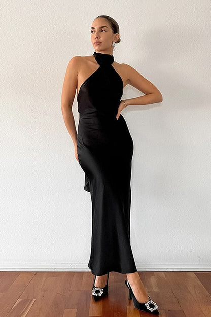 Halter Neck Ruched Collar Satin Column Maxi Dress