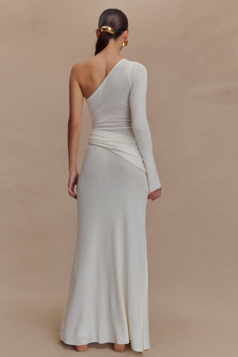 One Shoulder Long Sleeve Cutout Bodice Draped Waist Column Maxi Dress