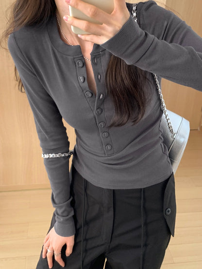 Solid Breasted Slim Long Sleeve Knit