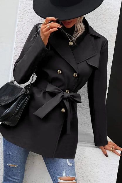 Solid Double-Breasted Tie Waist Mid-Length Trench Coat