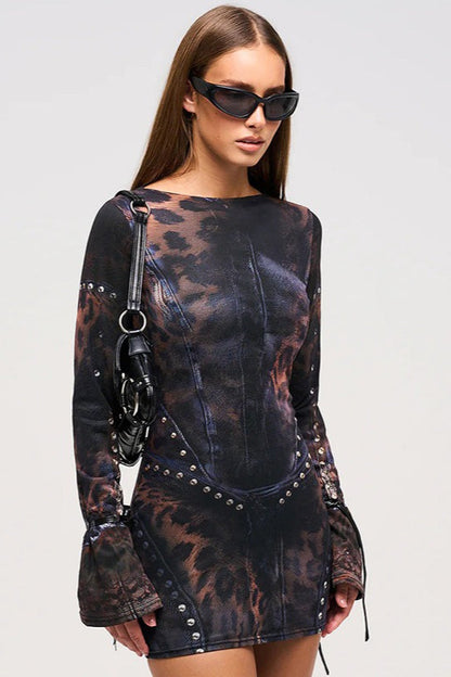 Sexy Fitted Crew Neck Printed Long-Sleeve Bodycon Dress