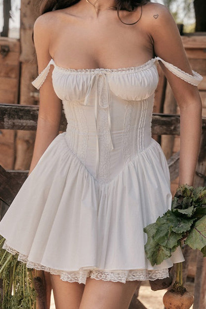 Off Shoulder Lace Trim Corset Bodice Lace Hem A-Line Mini Dress