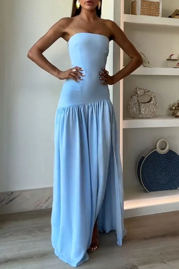 Strapless Bandeau Drop-Waist Gathered Chiffon High-Slit Maxi Gown