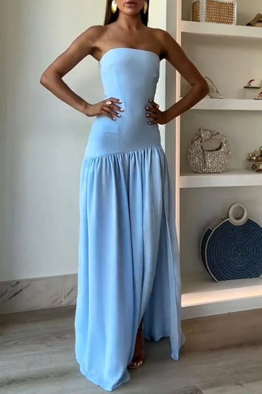 Strapless Bandeau Drop-Waist Gathered Chiffon High-Slit Maxi Gown