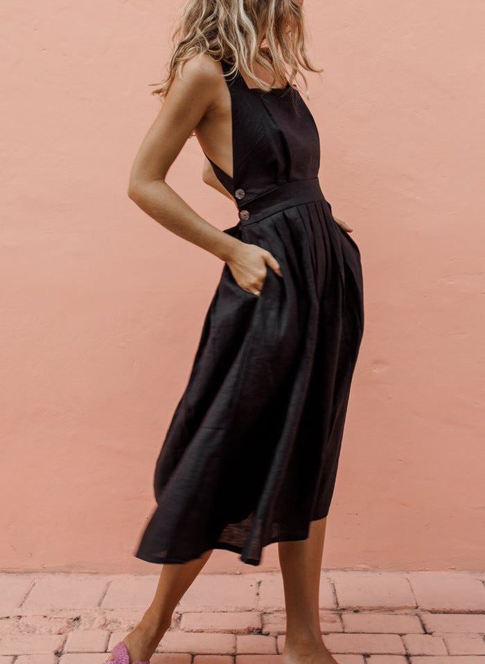 Backless Square Neck Button Side Cut Out A-Line Midi Dress