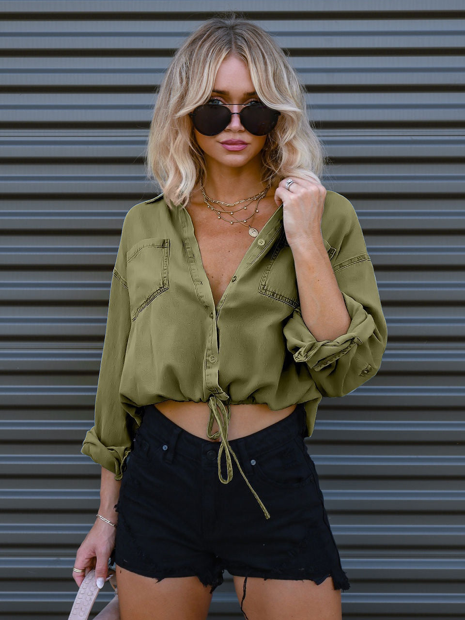 Denim Blouse Drop Shoulder Long Sleeves Buttons Lace Up Tops