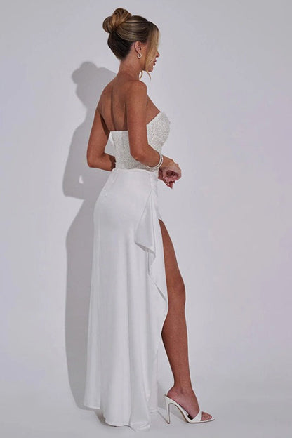 Strapless Sequin Embellished Corset Bodice Draped High Slit Maxi Gown