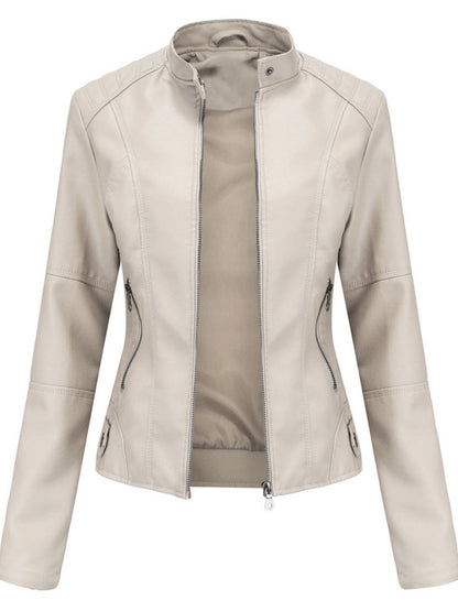 Street Cool Thin Stand Collar Zipper Leather Jacket