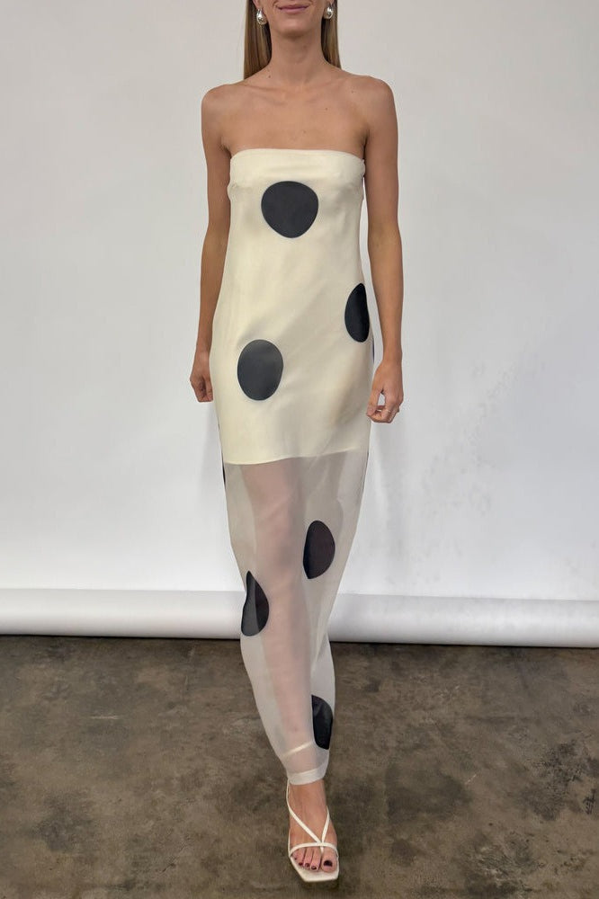 Polka Dot Strapless Opaque Bodice Sheer Mesh Skirt Maxi Dress