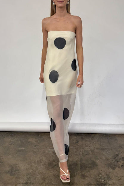 Polka Dot Strapless Opaque Bodice Sheer Mesh Skirt Maxi Dress