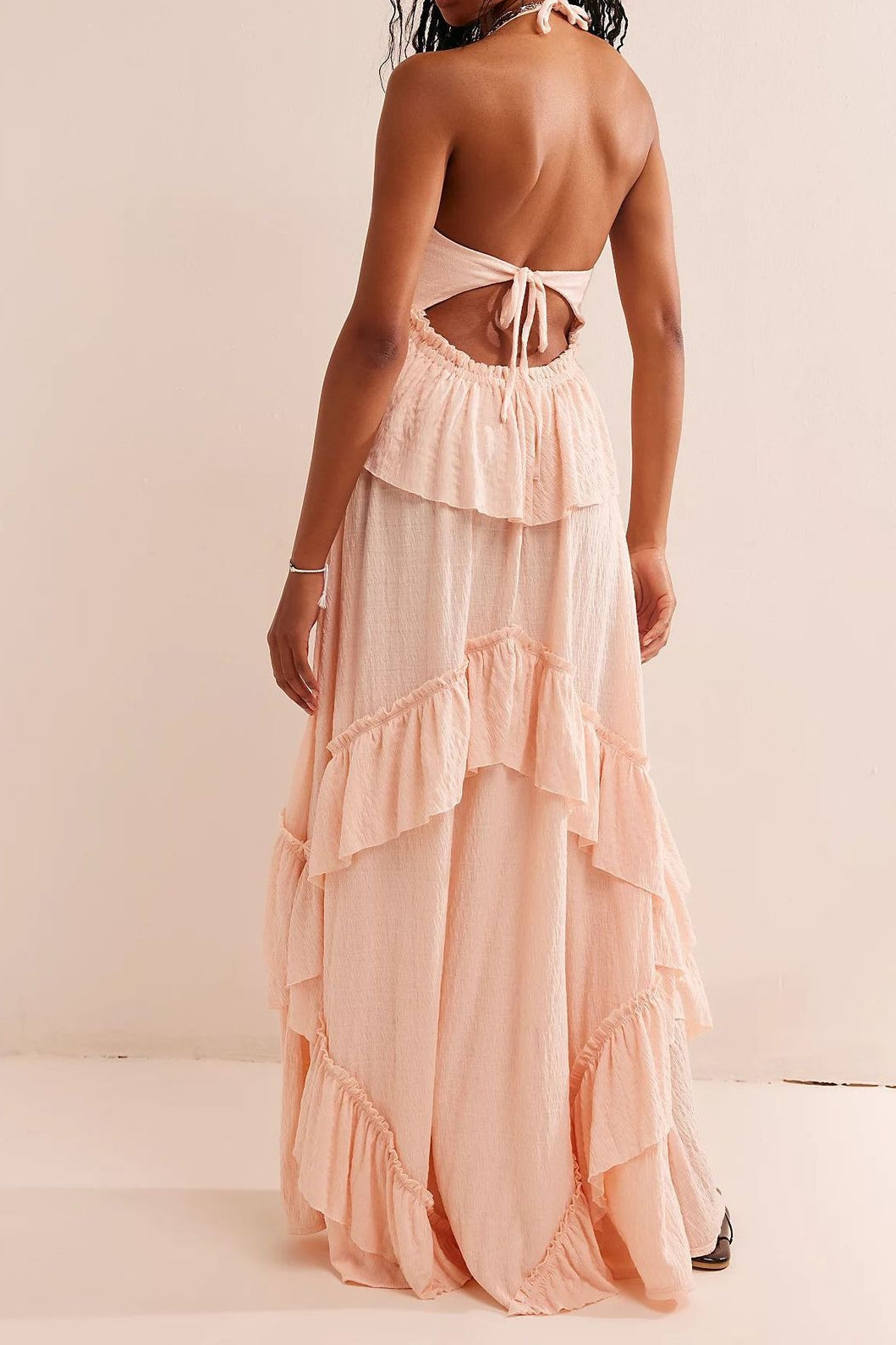 Backless Halter Tie Crop Top Tiered Ruffle Maxi Skirt Set