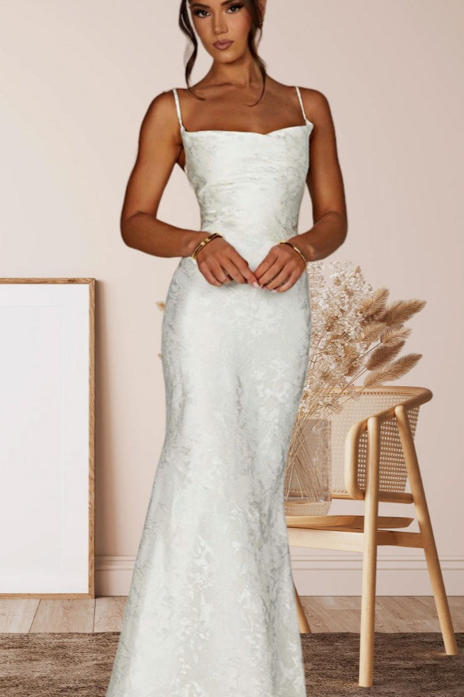 Tie-Shoulder Jacquard Floral Mermaid Maxi Formal Gown