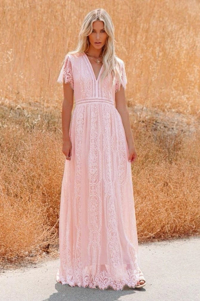 V-Neck Flutter Sleeve Ladder-Trim Lace Boho Maxi Dress