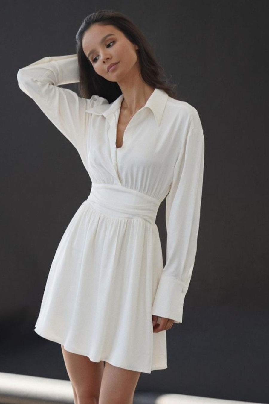 Pointed Collar Deep V-Neck Pleated Waistband Cuff Long Sleeve Mini Dress