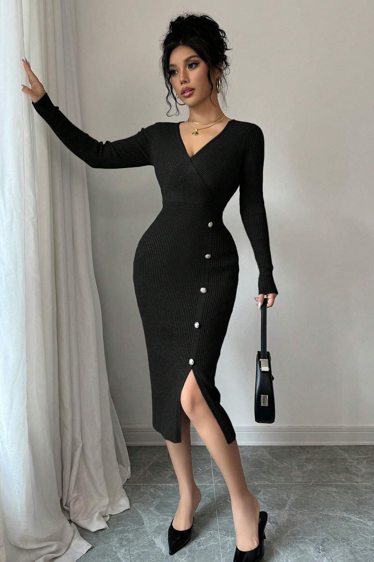 Wrap V-Neck Rib Knit Button Side Slit Long Sleeve Midi Sweater Dress
