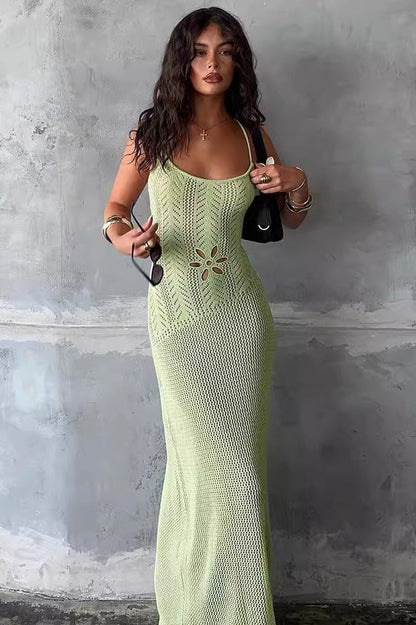 Open Knit Crochet Spaghetti Strap Floral Cutout Bodycon Maxi Dress