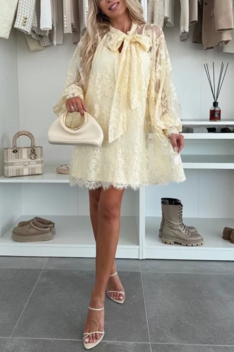 Lace Pussy Bow Tie Neck Balloon Sleeve Button Cuff Babydoll Mini Dress