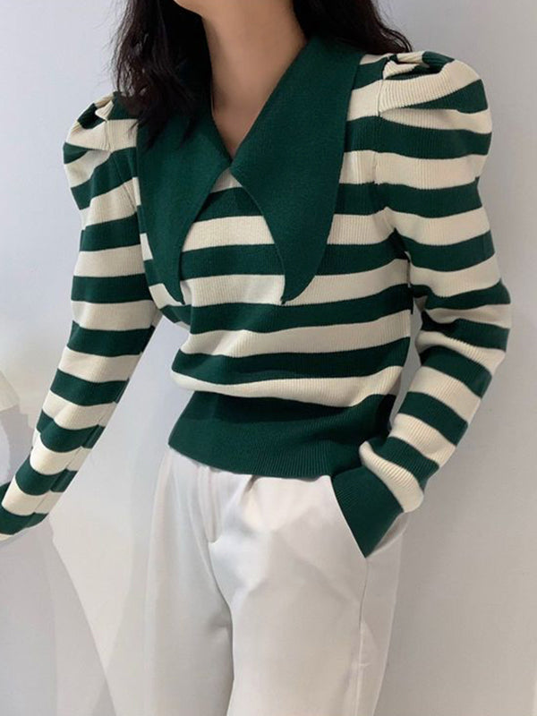Striped Puff Sleeve Knit Sweater