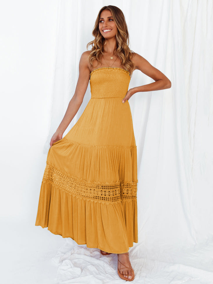 Strapless Smocked Maxi Dress for Women - Boho Crochet Lace Tiered Tube Dress - Summer Beach Resort 2026