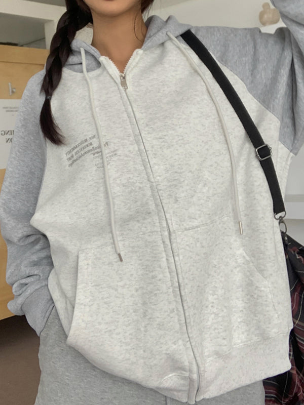 Color Block Splice Zip Up Oversized Hoodie