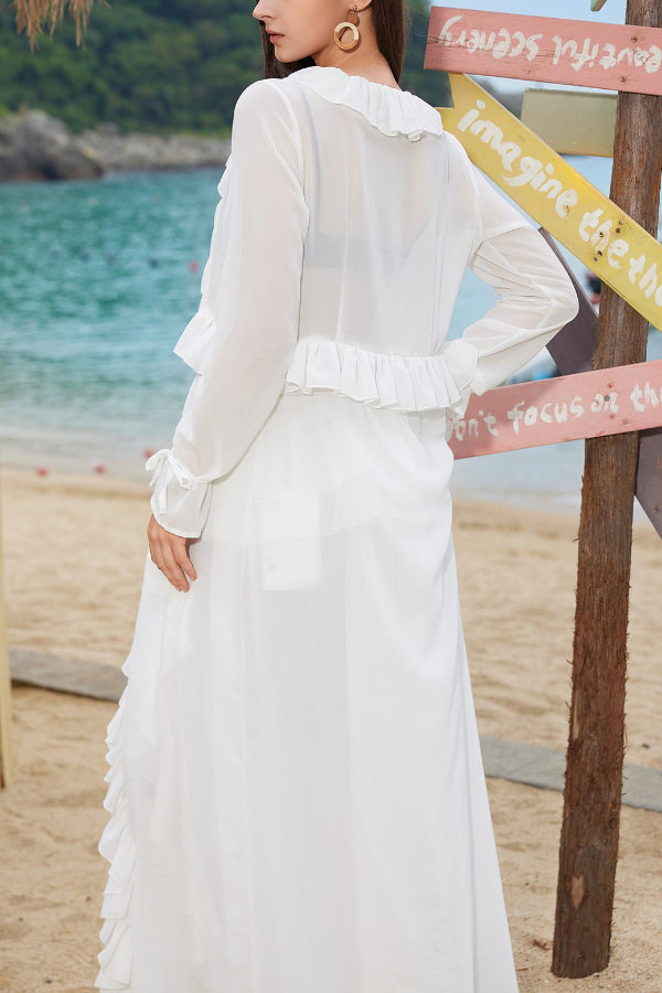 Solid Color Loose Long-sleeved Ruffled Holiday Cover-up Robe