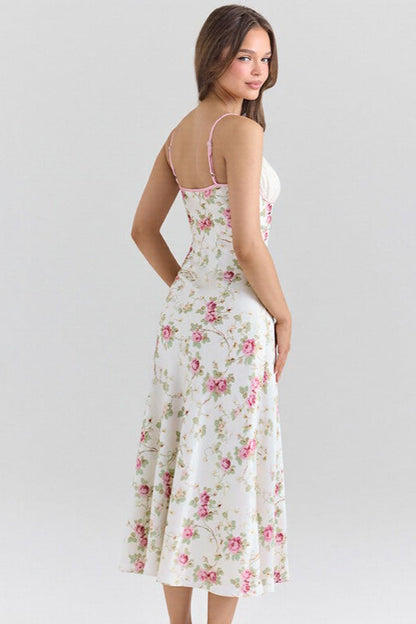 Lace Cup V Neck Floral Print Slip Maxi Dress