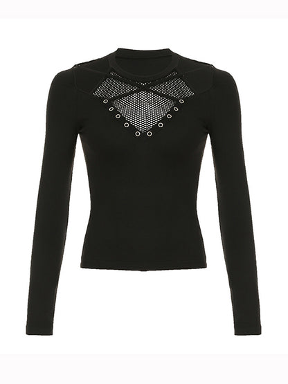Grid Cross Stitching Long Sleeve Tee