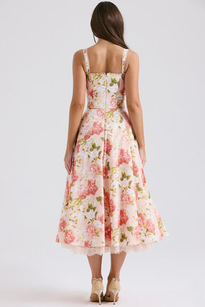 pink peony print cotton bustier sundress