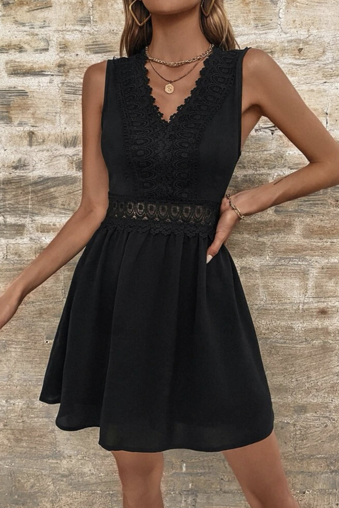 Sleeveless Lace Trim V-Neck Crochet Lace Waistband A-Line Mini Dress