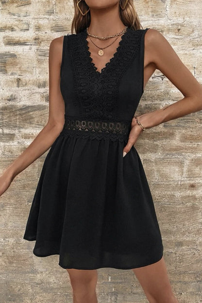 Sleeveless Lace Trim V-Neck Crochet Lace Waistband A-Line Mini Dress